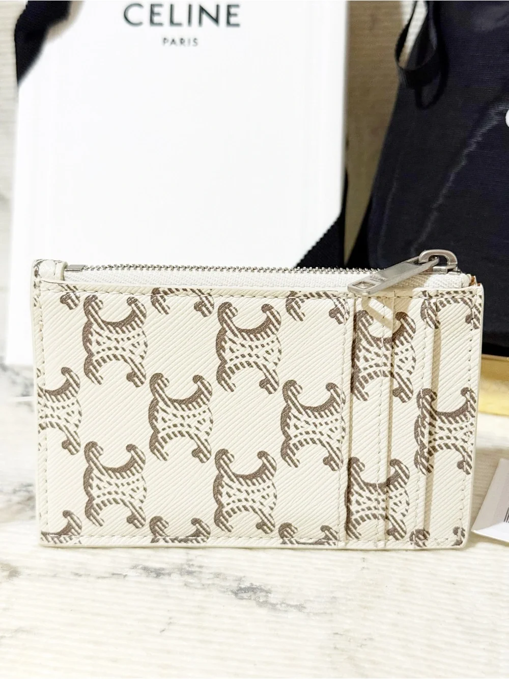 Celine Triomphe Canvas & Leather Zipped Card Holder Wallet